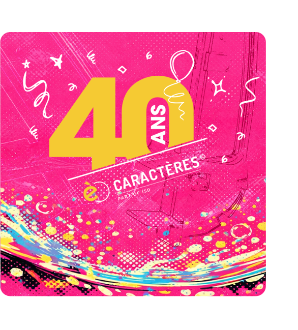 Visuel anniversaire des 40 ans de e-Caractères, fond rose avec confettis et guirlandes colorées