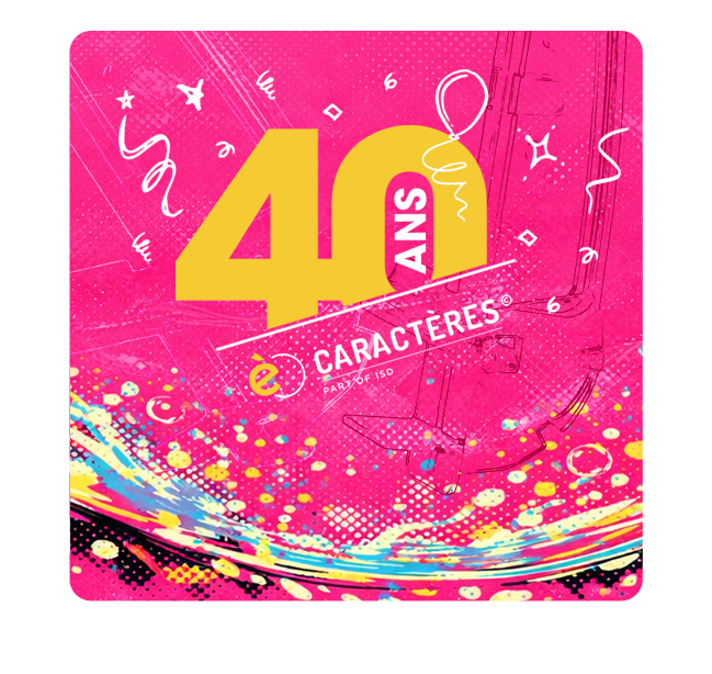 Visuel anniversaire des 40 ans de Caractères, fond rose avec confettis et guirlandes colorées Visuel anniversaire des 40 ans de Caractères, fond rose avec confettis et guirlandes colorées