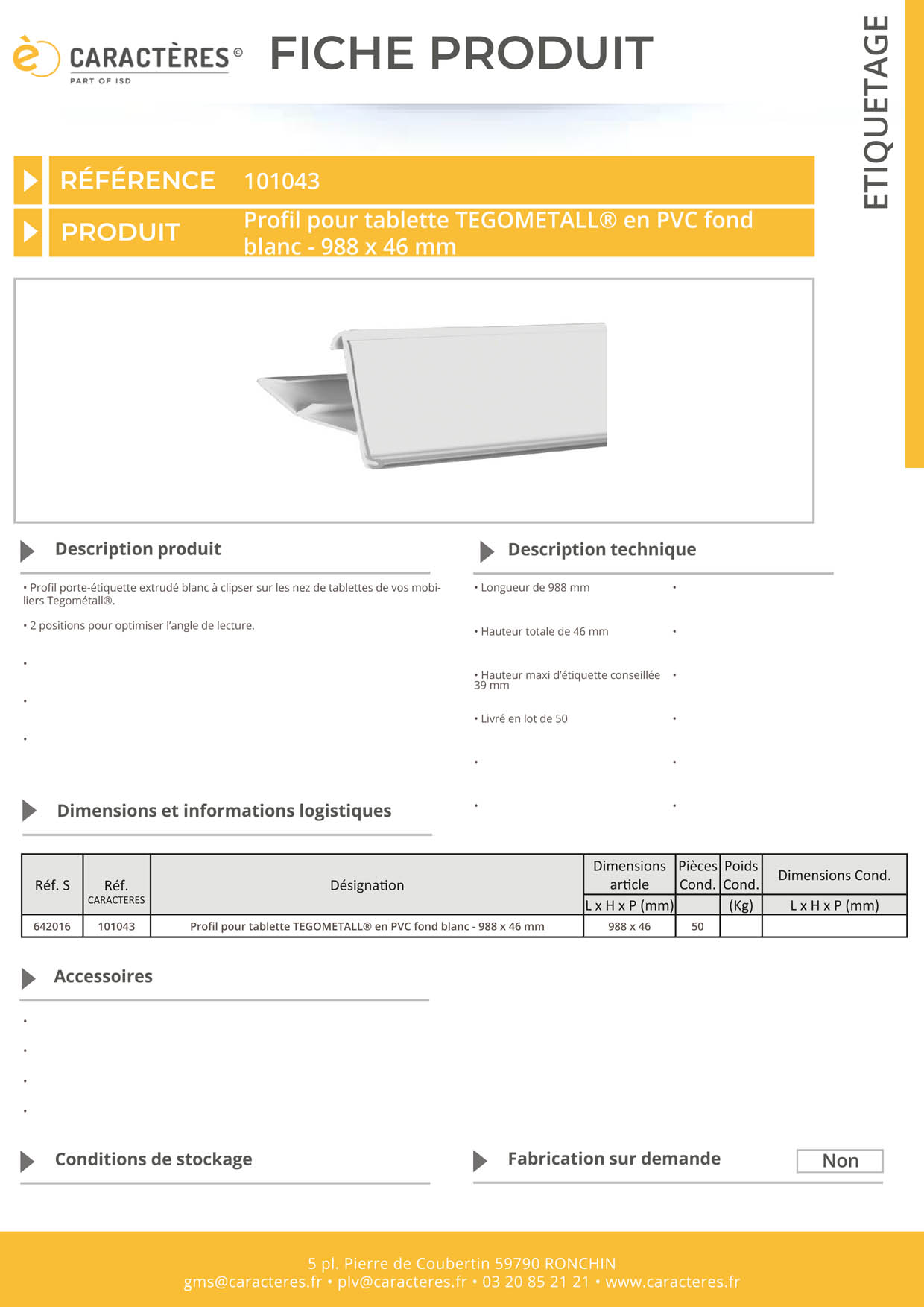 PE extrudé transparent 2 positions pour tablette TEGOMETALL® - 46 x 988 mm