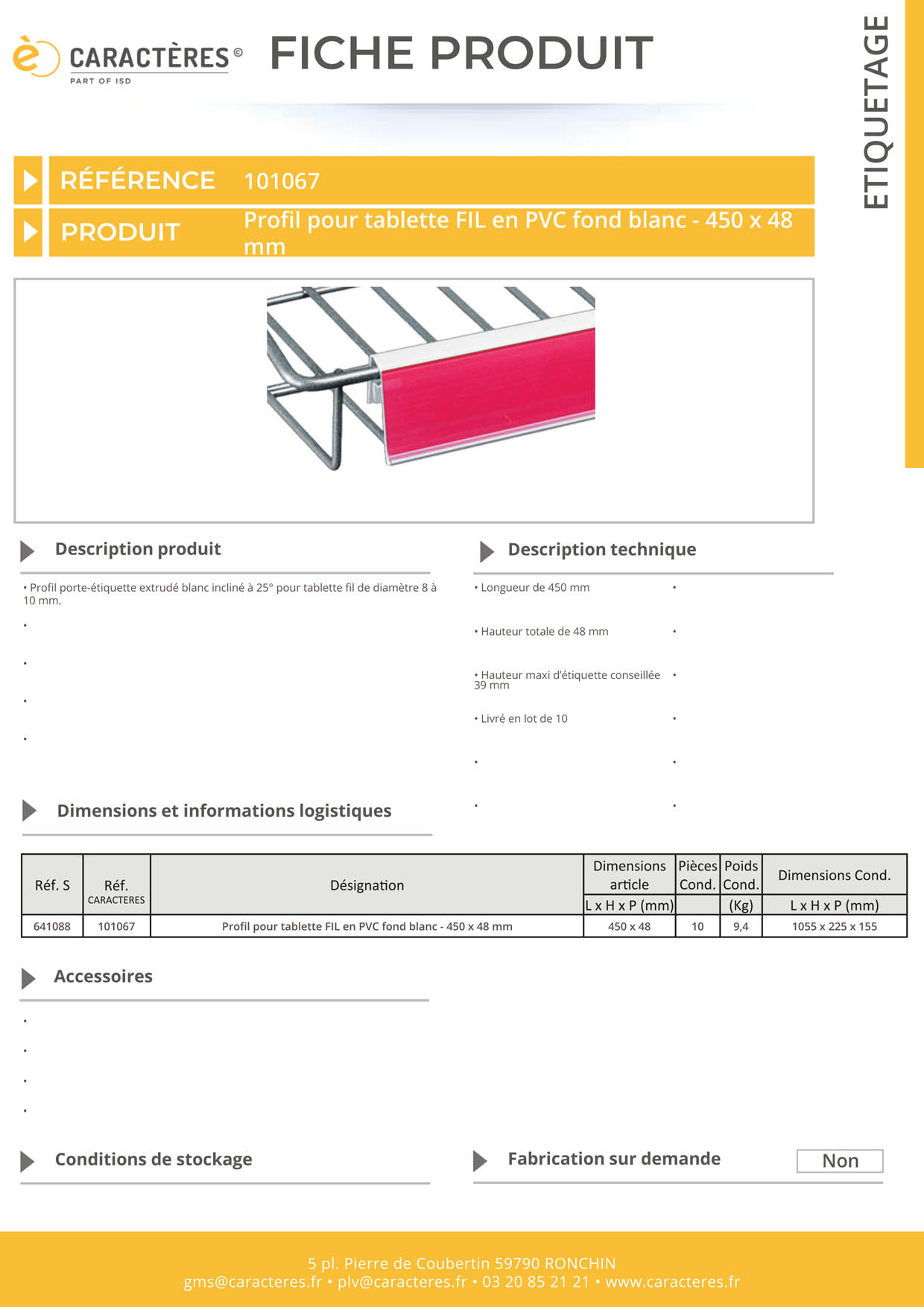 PE extrudé blanc incliné à 25° pour tablette fil - 48 x 450 mm