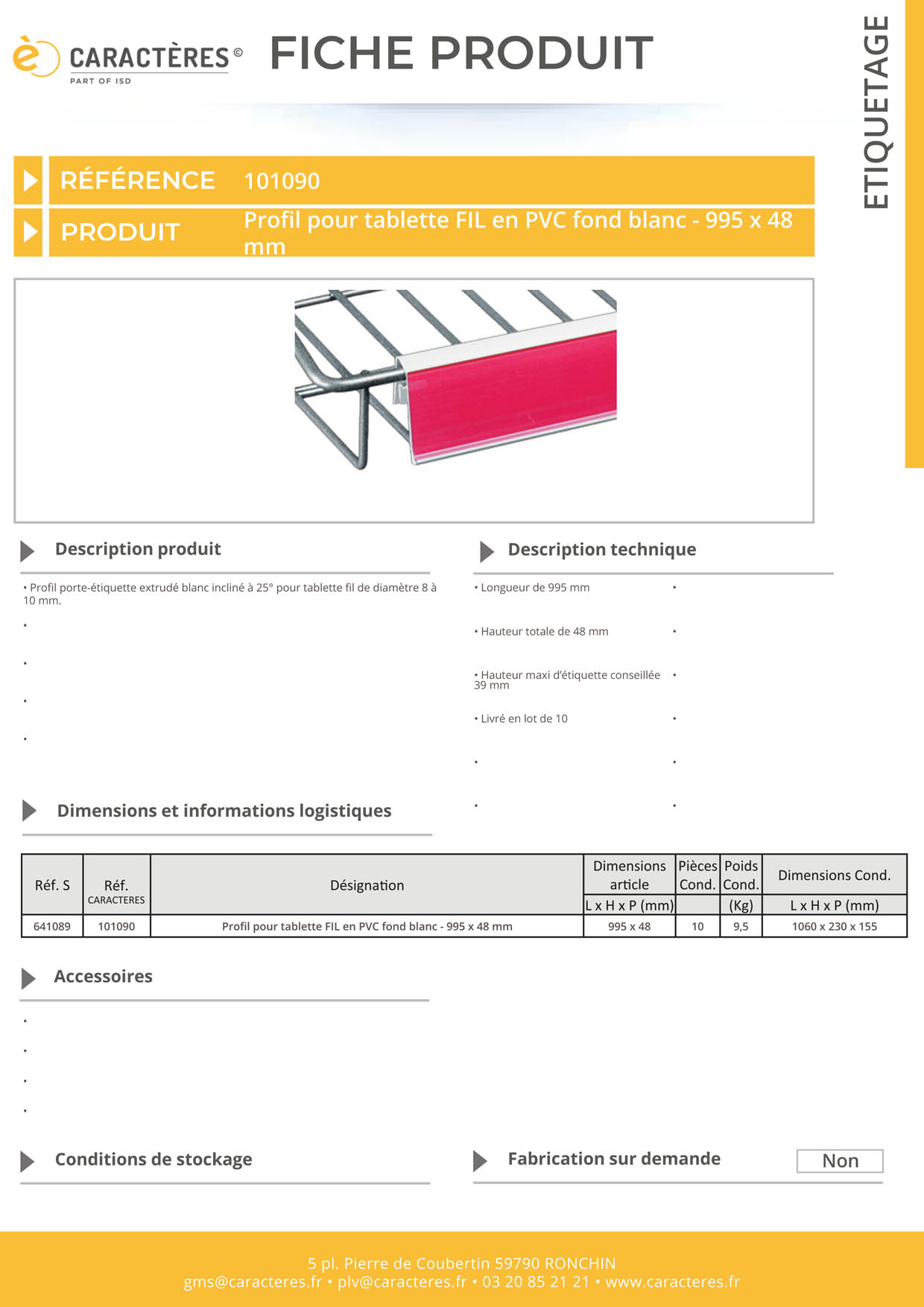 PE extrudé blanc incliné à 25° pour tablette fil - 48 x 995 mm