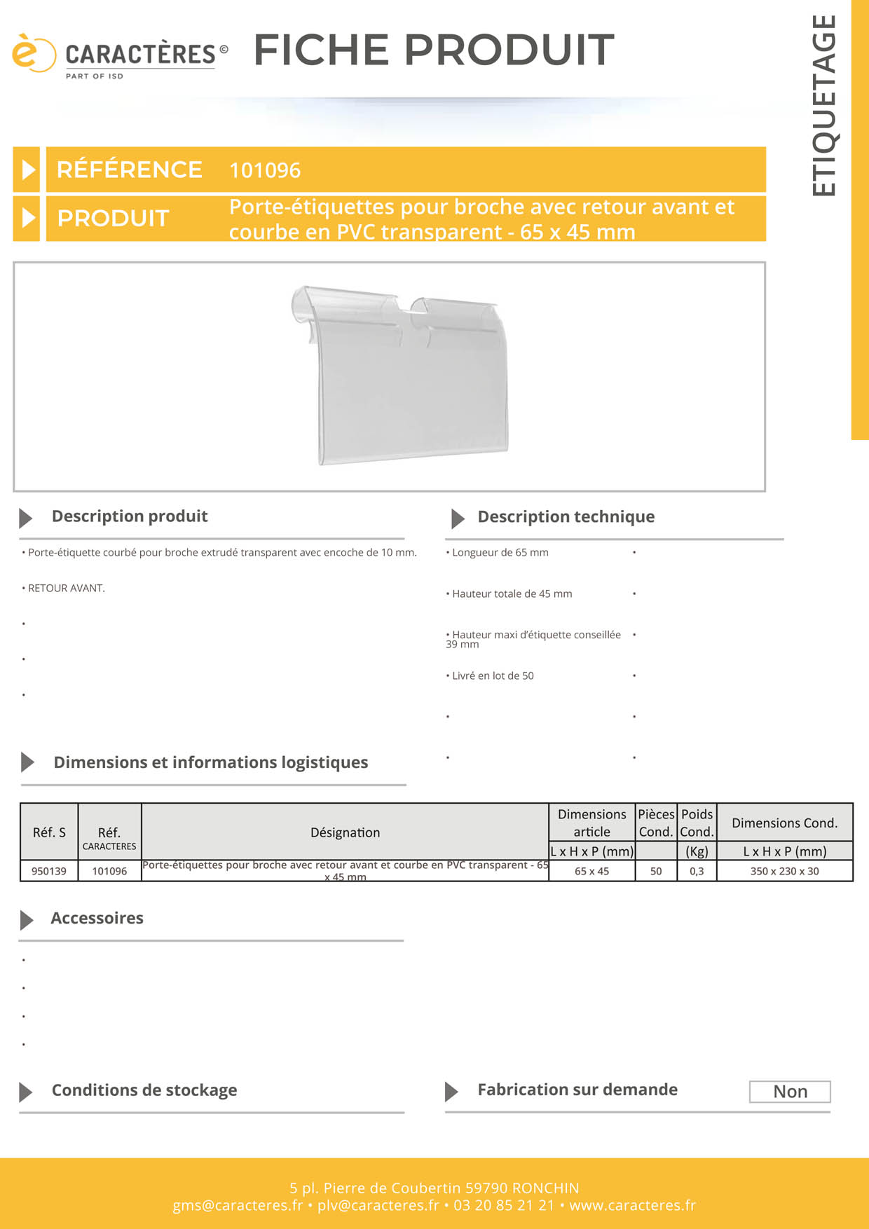 PE transparent pour broche avec retour avant - Encoche 10 mm - 45 x 65 mm