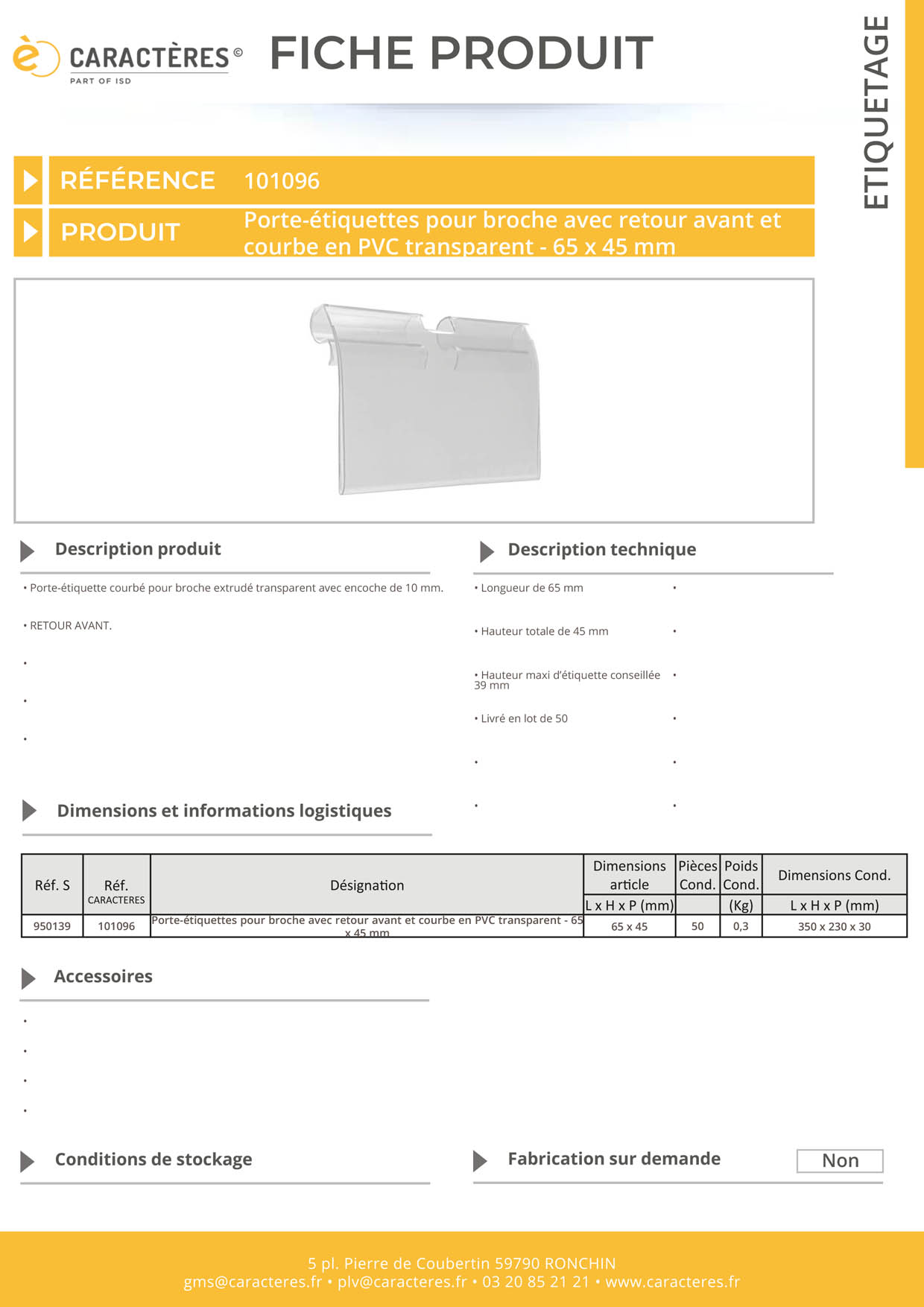 PE transparent pour broche avec retour avant - Encoche 10 mm - 45 x 65 mm