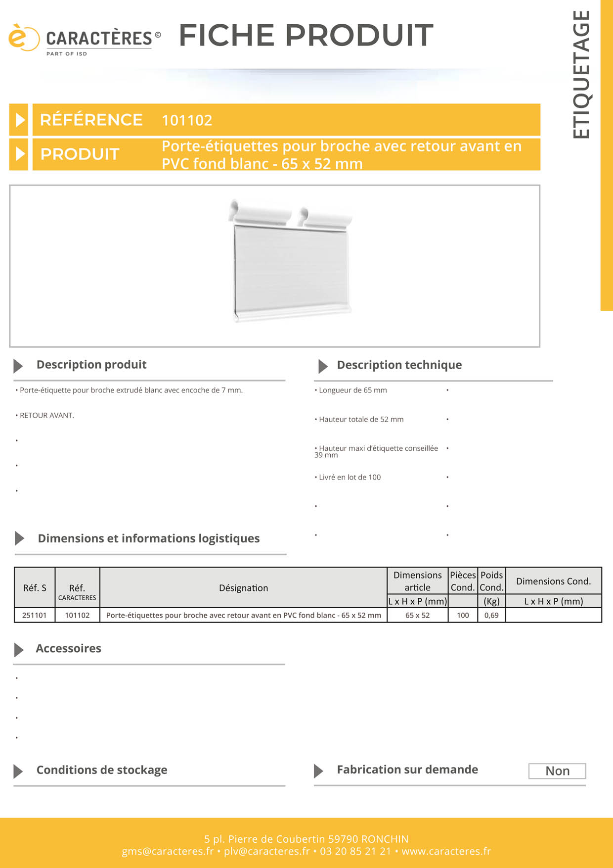 PE blanc pour broche avec retour avant - Encoche 7 mm - 52 x 65 mm
