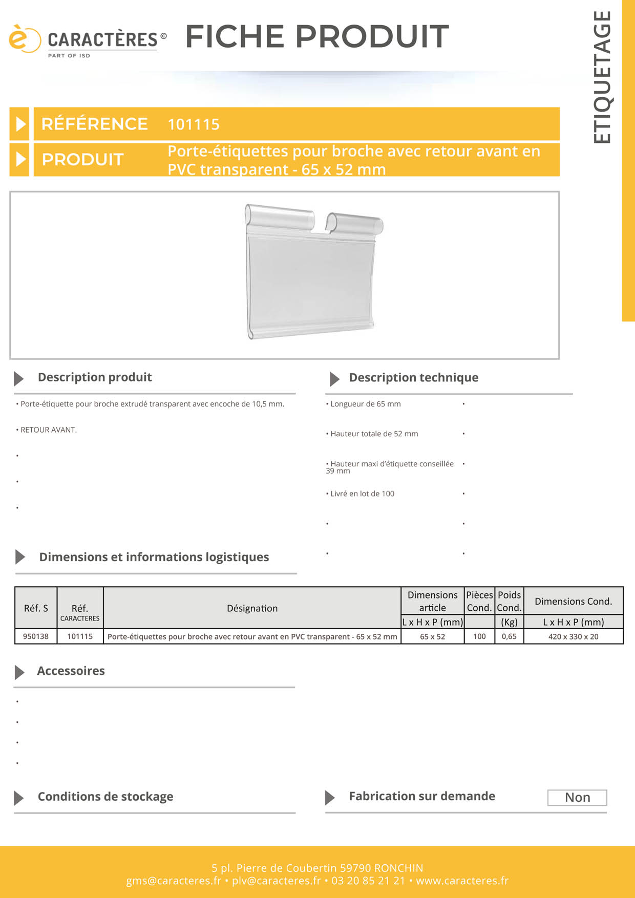PE transparent pour broche avec retour avant - Encoche 10.5 mm - 52 x 65 mm
