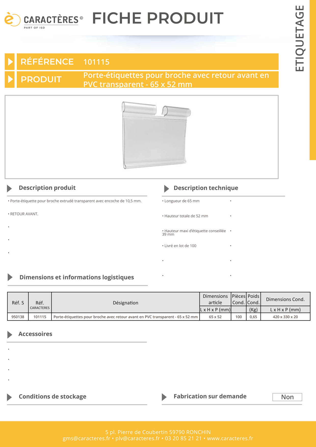PE transparent pour broche avec retour avant - Encoche 10.5 mm - 52 x 65 mm