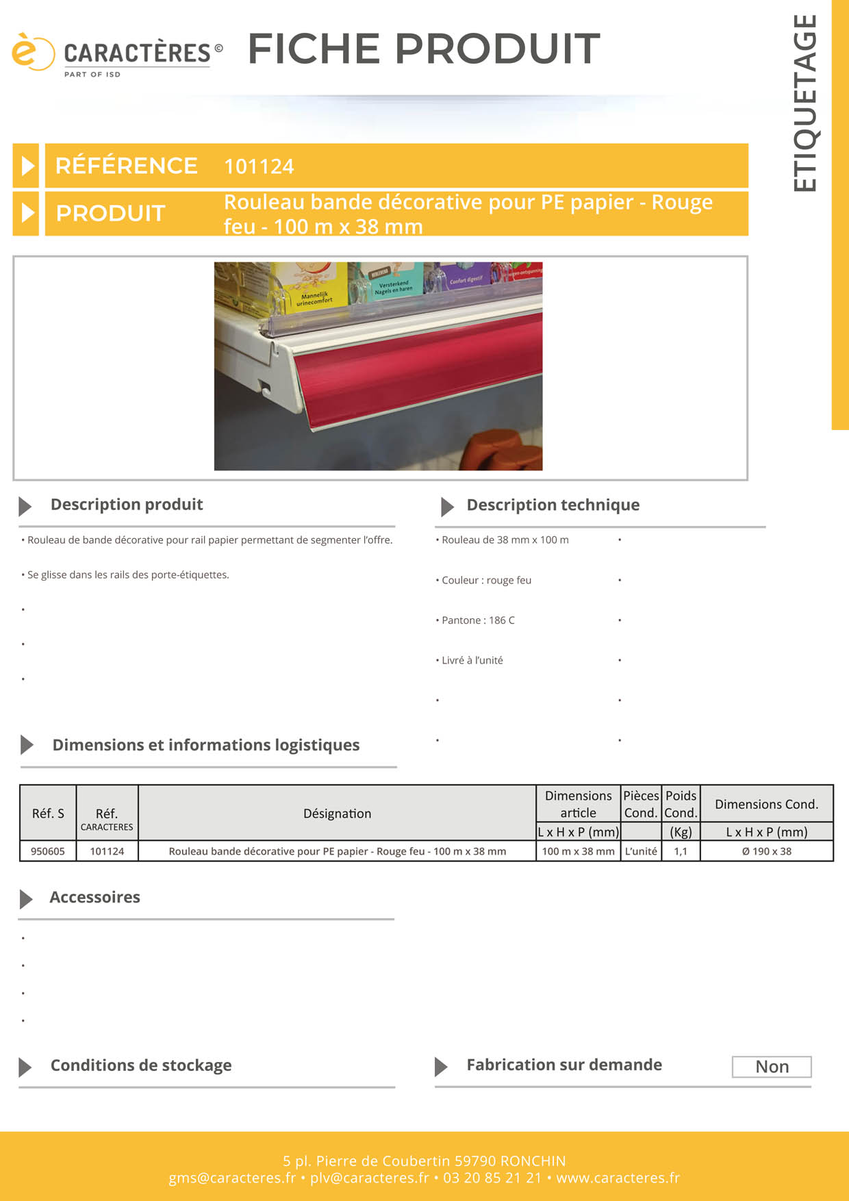 Bande décorative pour PE papier de 100 m x 38 mm - Rouge feu