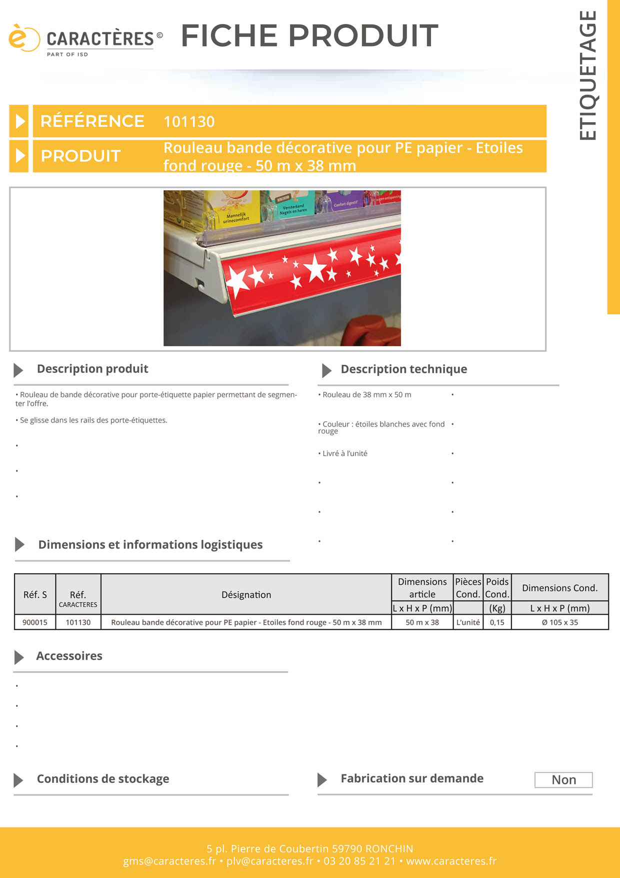 Bande décorative pour PE papier de 50 m x 38 mm - Etoiles fond rouge