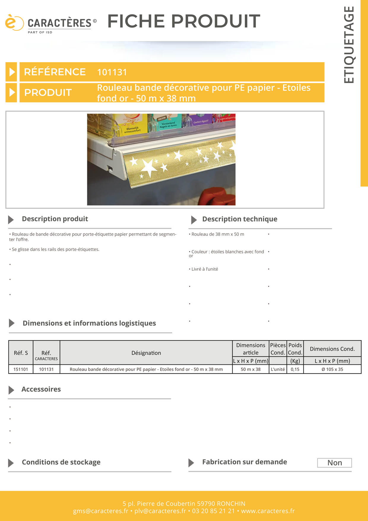 Bande décorative pour PE papier de 50 m x 38 mm - Etoiles fond or