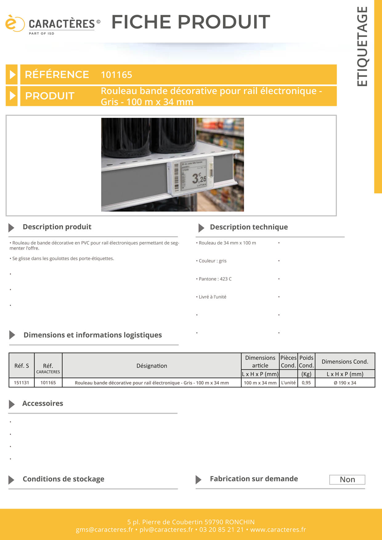 Bande décorative pour rail étiquette électronique de 100 m x 34 mm - Gris