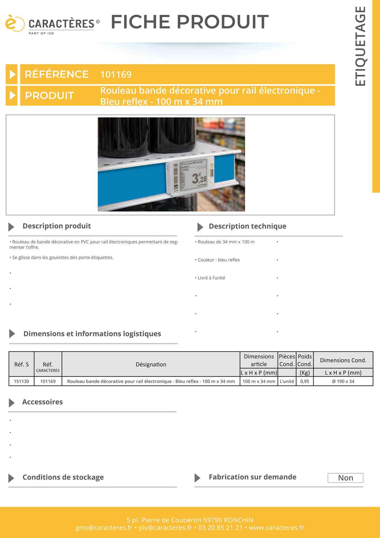 Bande décorative pour rail étiquette électronique de 100 m x 34 mm - Bleu reflex