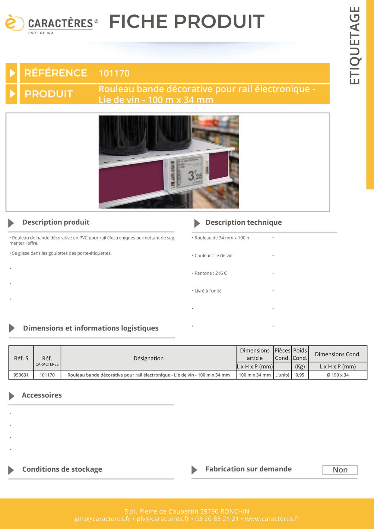 Bande décorative pour rail étiquette électronique de 100 m x 34 mm - Lie de vin