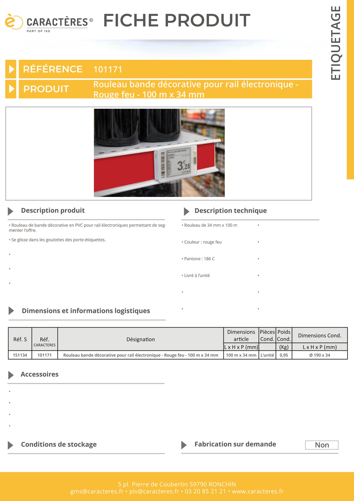 Bande décorative pour rail étiquette électronique de 100 m x 34 mm - Rouge feu