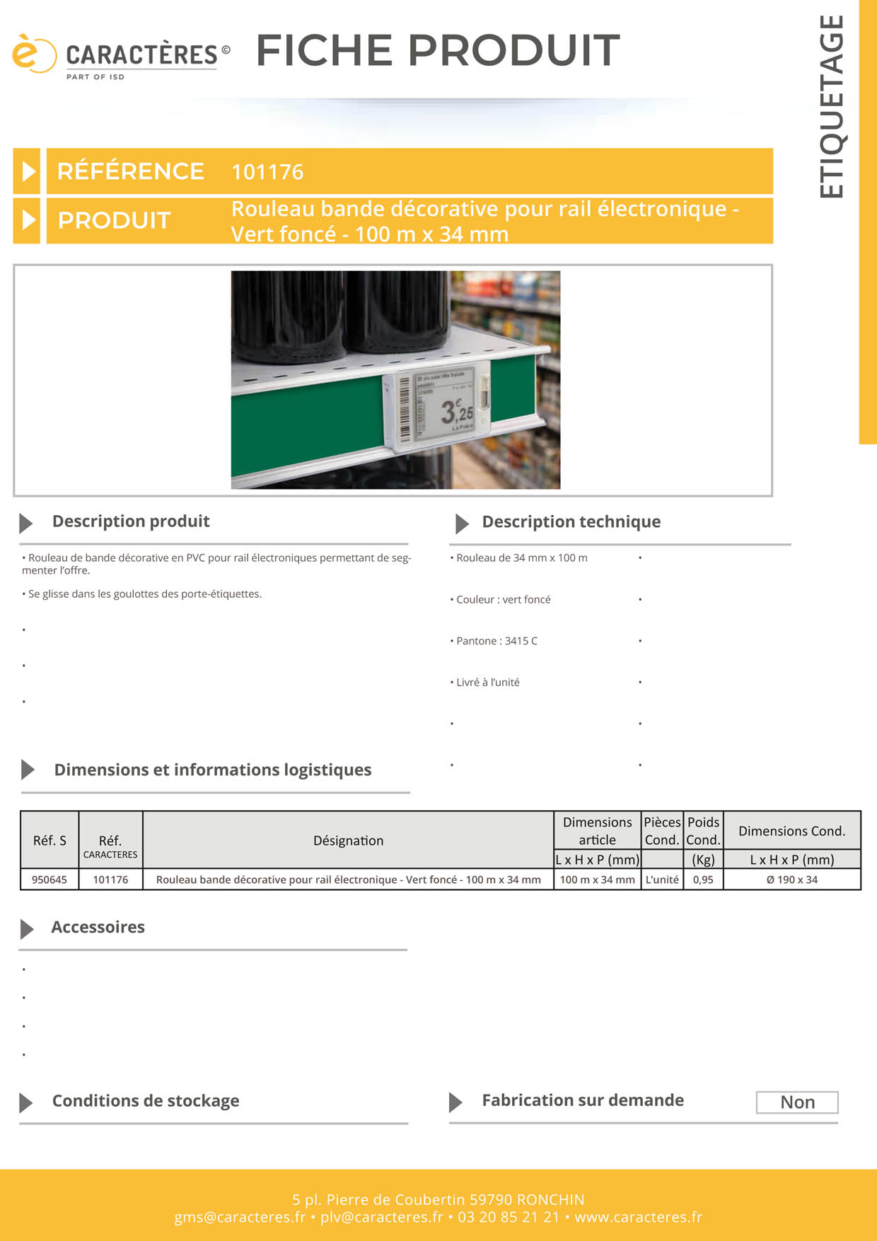 Bande décorative pour rail étiquette électronique de 100 m x 34 mm - Vert foncé