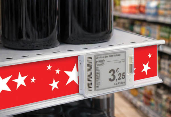 Bande décorative pour rail étiquette électronique de 50 m x 34 mm - Etoiles fond rouge