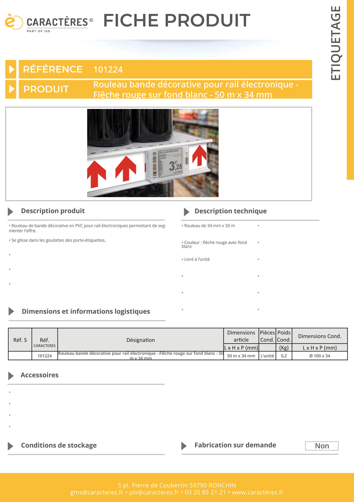 Bande décorative pour rail étiquette électronique de 50 m x 34 mm - Flêche rouge fond blanc