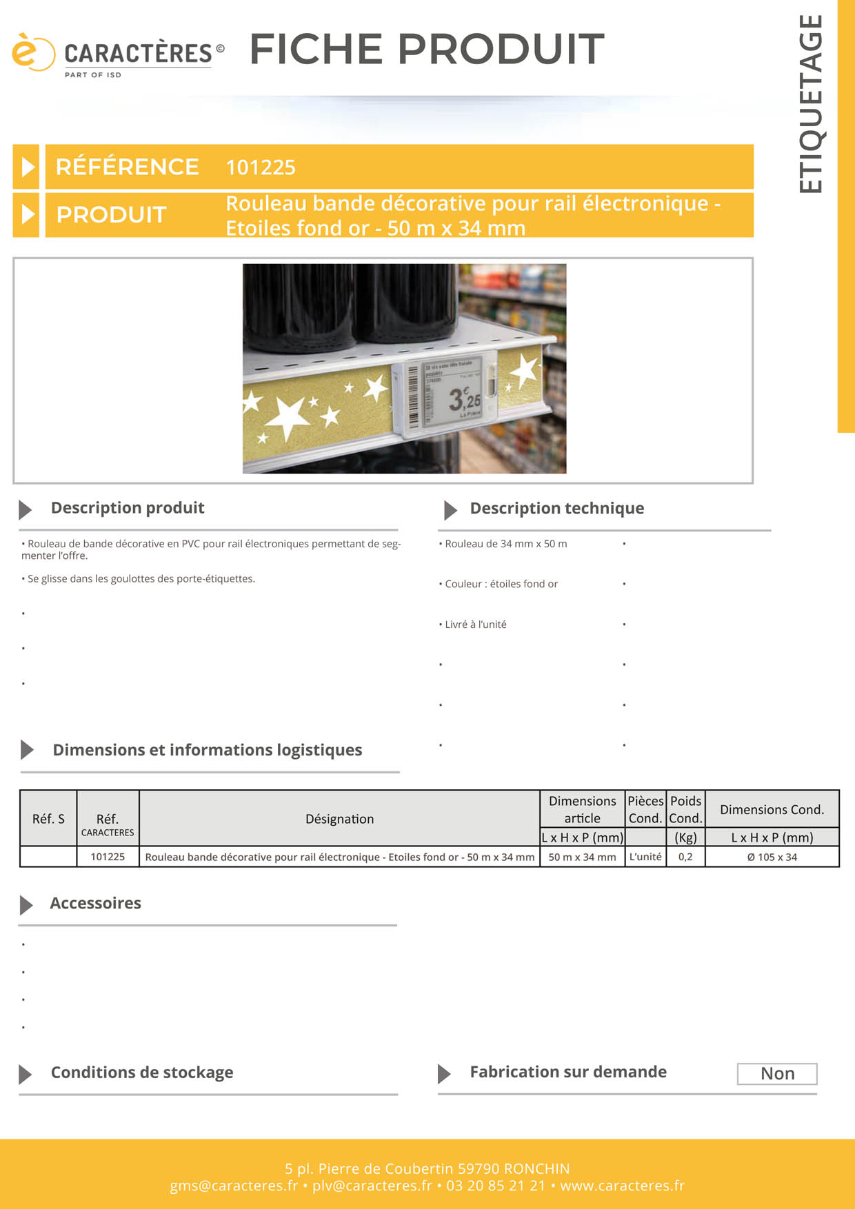 Bande décorative pour rail étiquette électronique de 50 m x 34 mm - Etoiles fond or