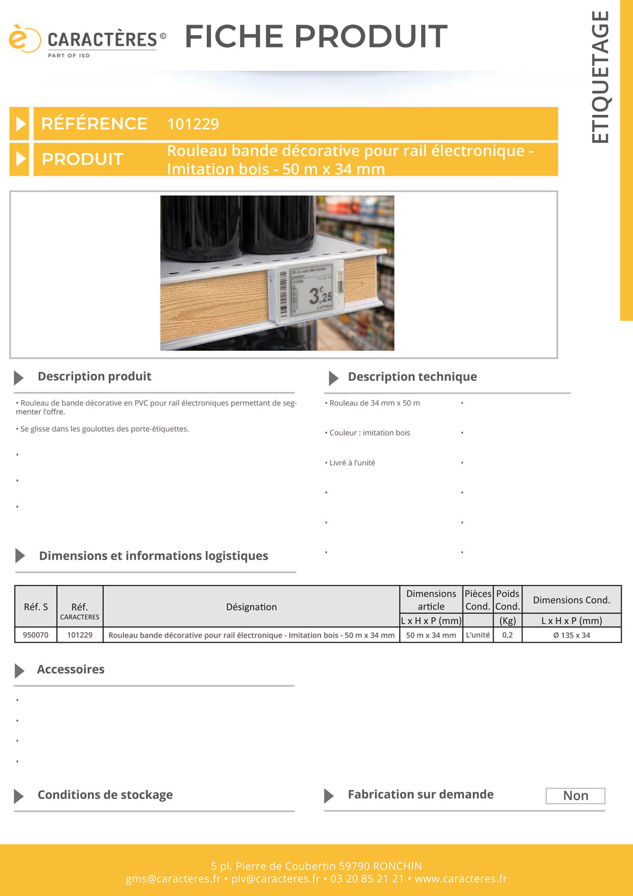 Bande décorative pour rail étiquette électronique de 50 m x 34 mm - Imitation bois