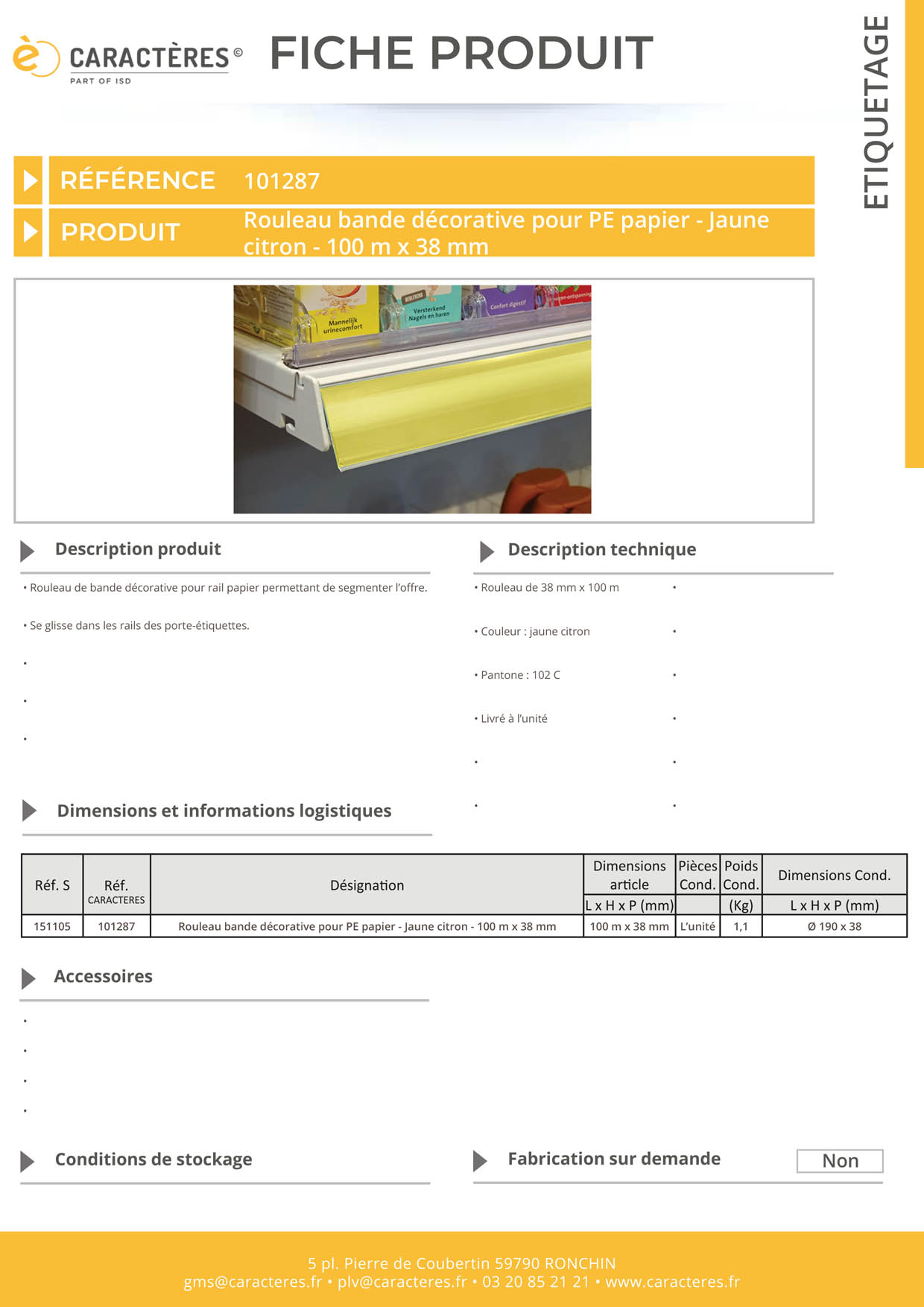 Bande décorative pour PE papier de 100 m x 38 mm - Jaune citron