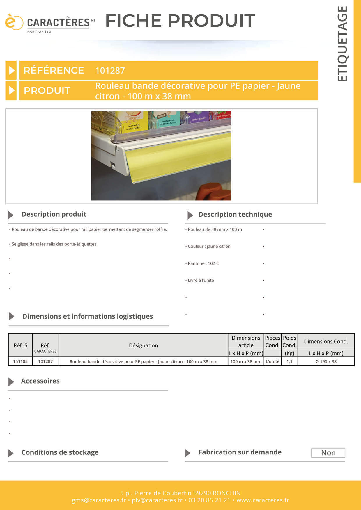 Bande décorative pour PE papier de 100 m x 38 mm - Jaune citron