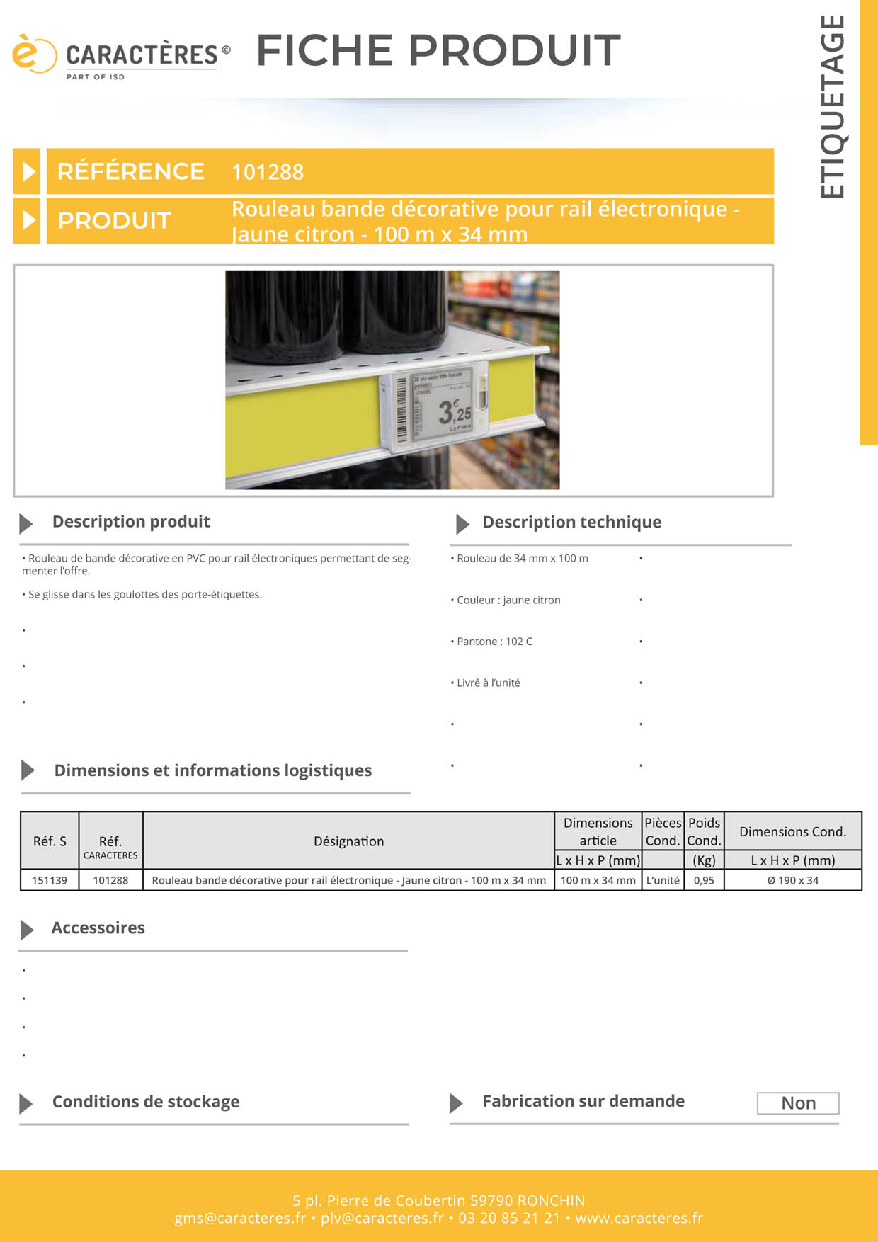 Bande décorative pour rail étiquette électronique de 100 m x 34 mm - Jaune citron