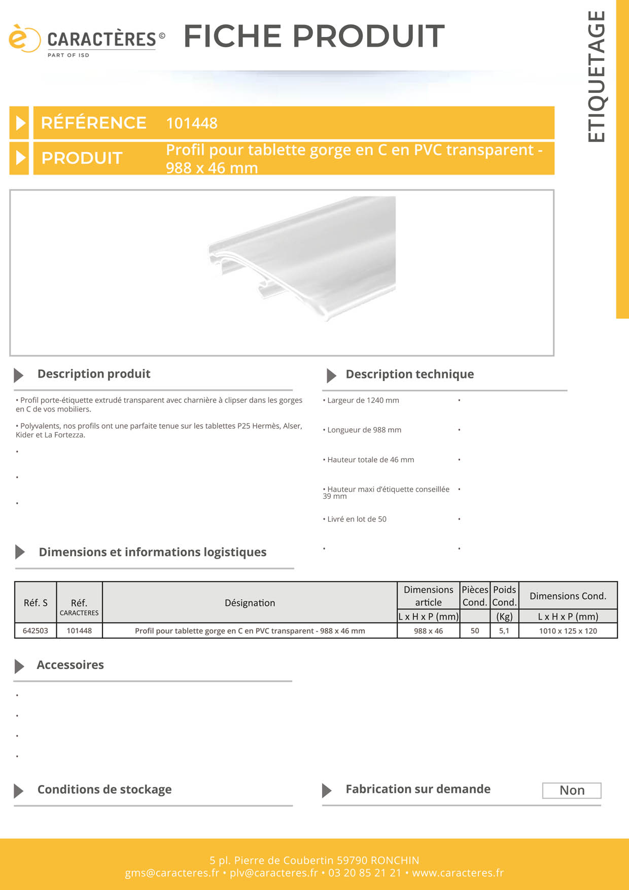 PE extrudé transparent pour tablette gorge en C - 46 x 988 mm