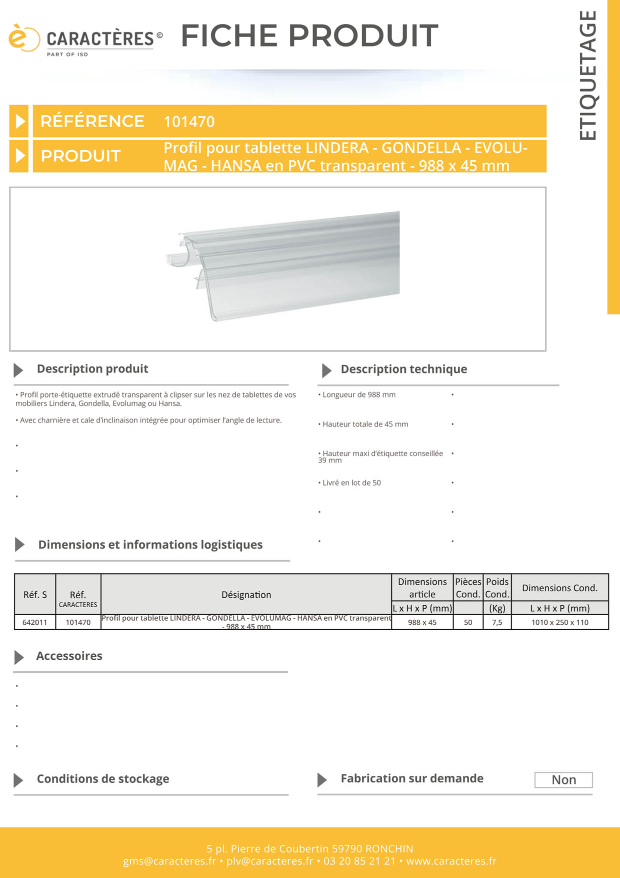 PE extrudé transparent pour tablette LINDERA - GONDELLA - EVOLUMAG - 45 x 988 mm