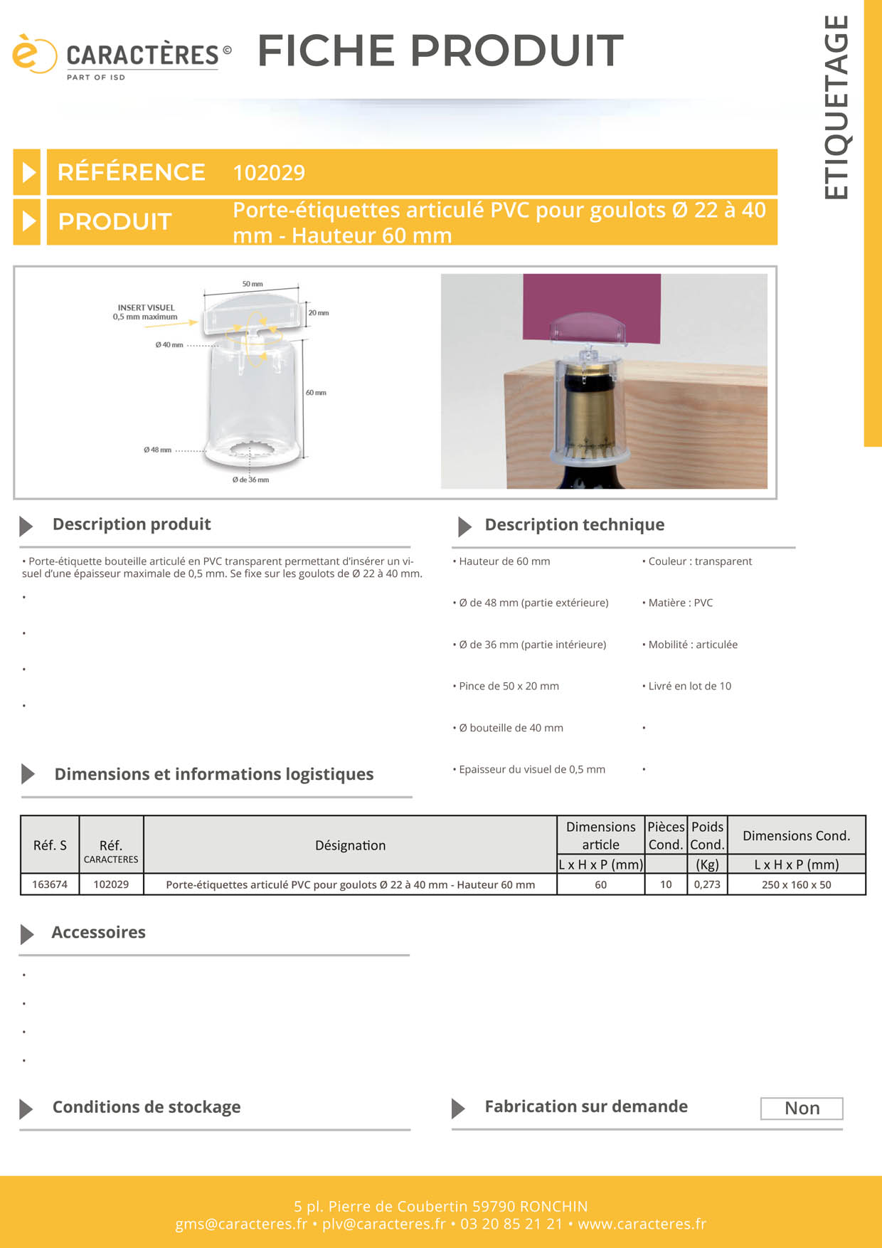 Porte-étiquette articulé en PVC transparent pour bouteille de Ø 40 mm - Hauteur 60 mm