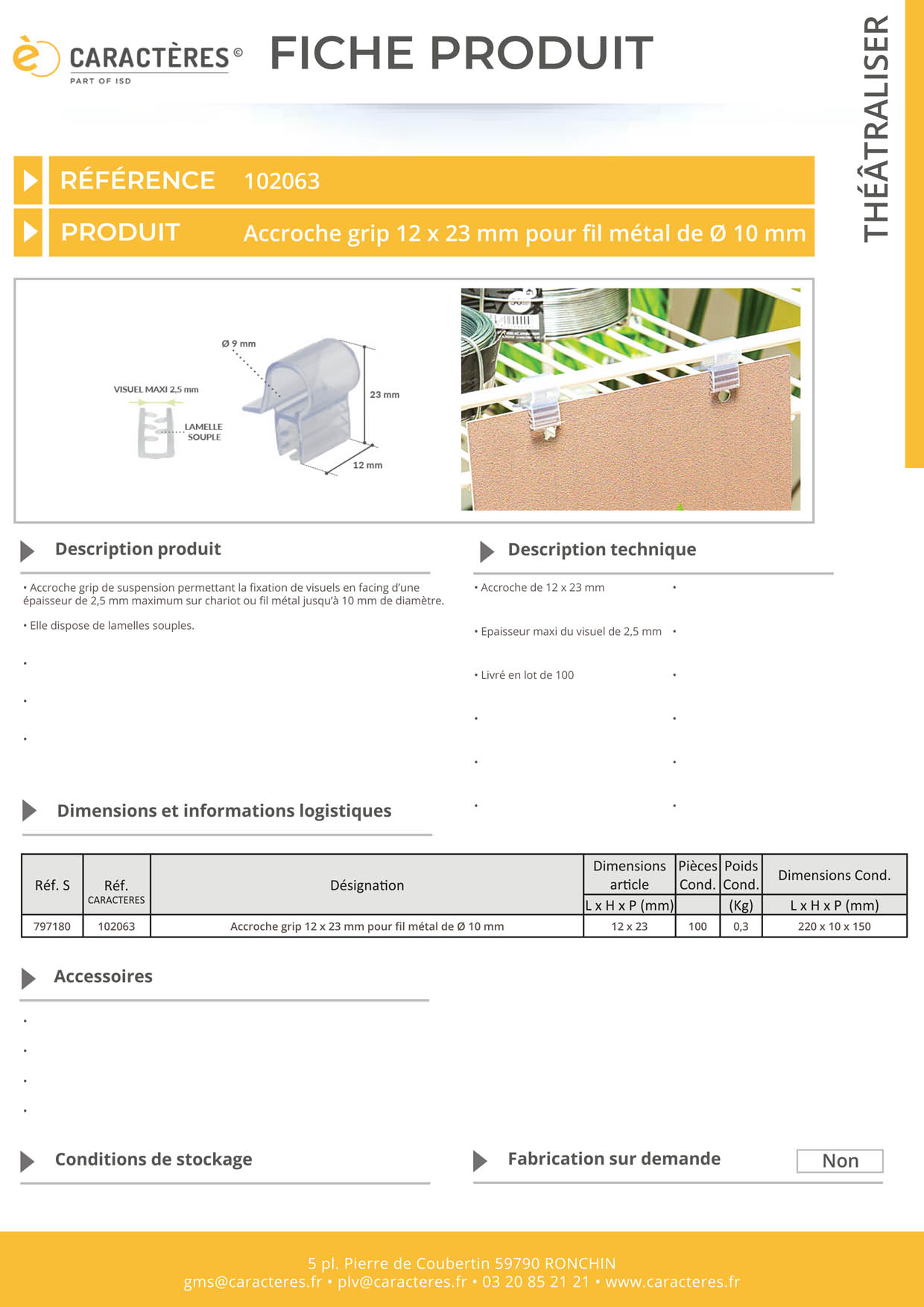 Accroche grip facing  pour fil métal de Ø 10 mm max - 12 x 23 mm