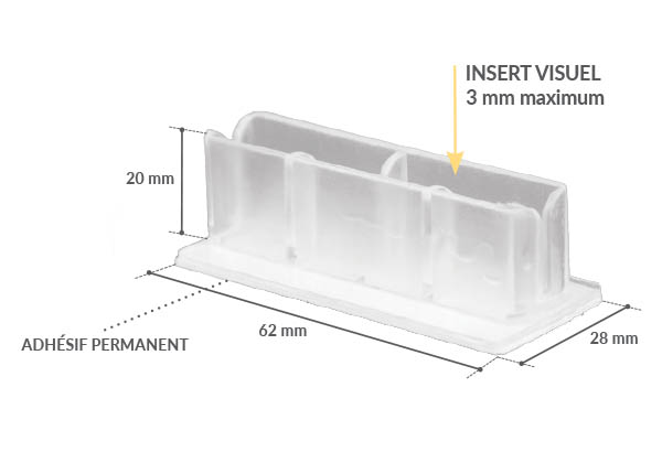 Socle pinçant avec base adhésive à poser de 62 x 28 mm - Hauteur 20 mm
