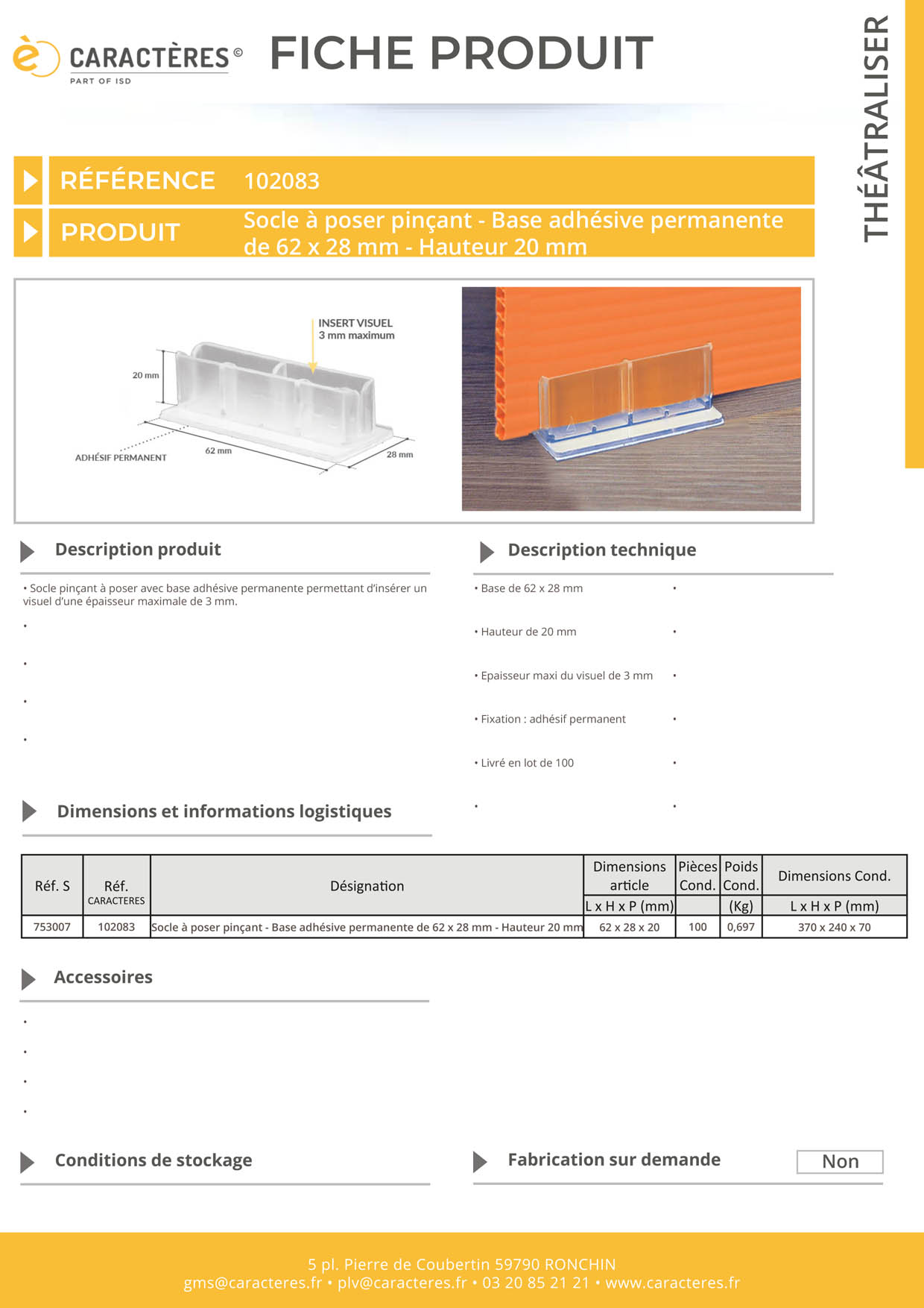 Socle pinçant avec base adhésive à poser de 62 x 28 mm - Hauteur 20 mm