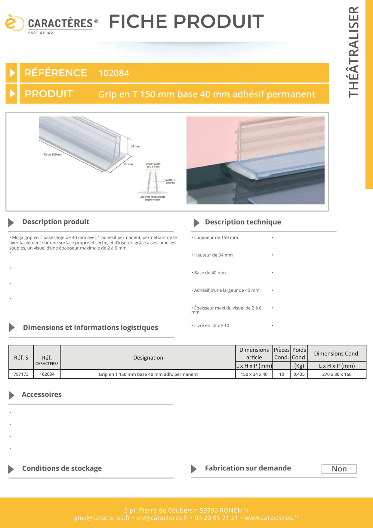 Méga grip en T adhésif permanent en 150 mm - Base de 40 mm