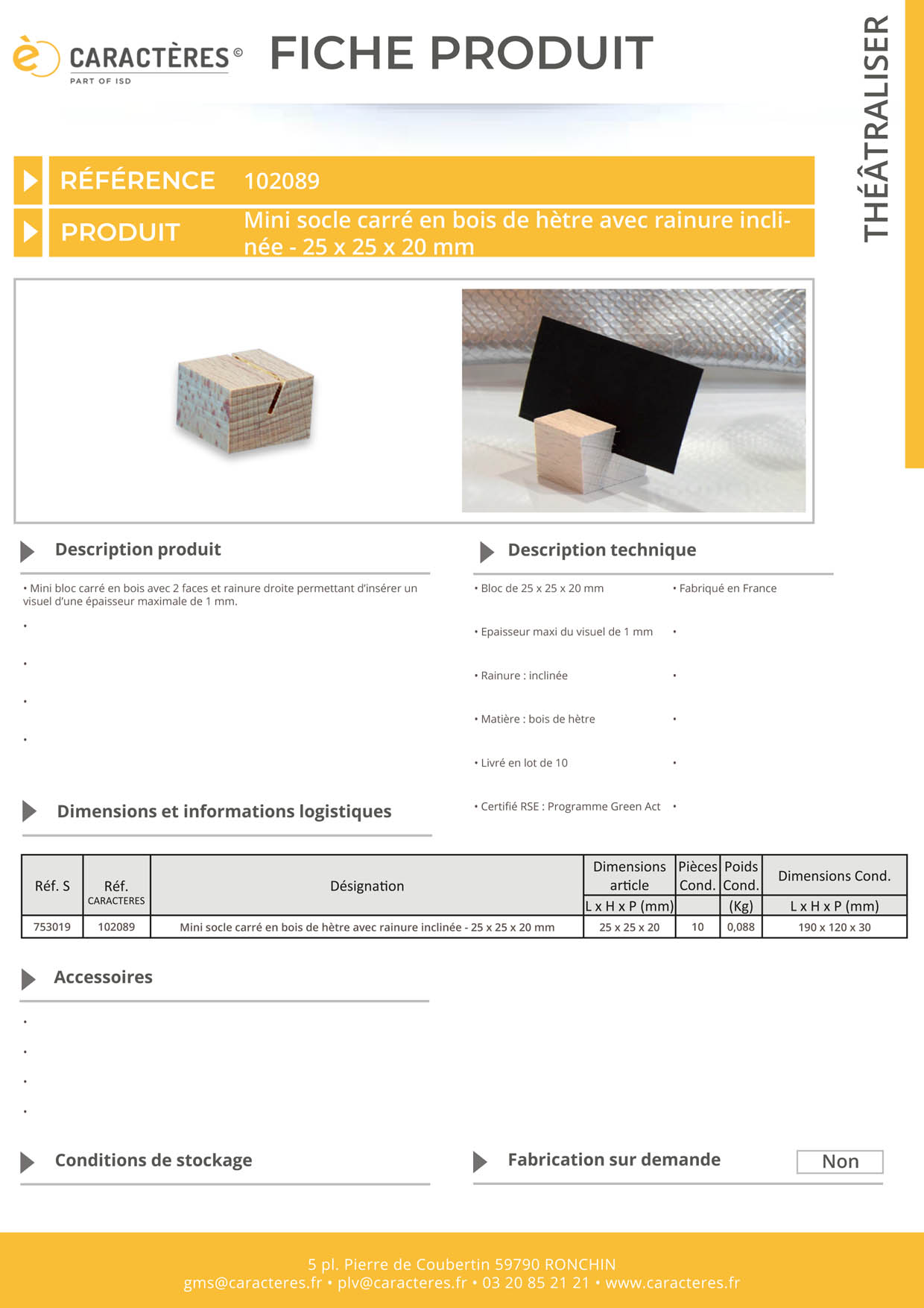 Mini socle carré de 25 x 25 x 20 mm en bois - Rainure inclinée