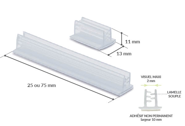 Grip en T adhésif non permanent en 75 mm - Base de 13 mm