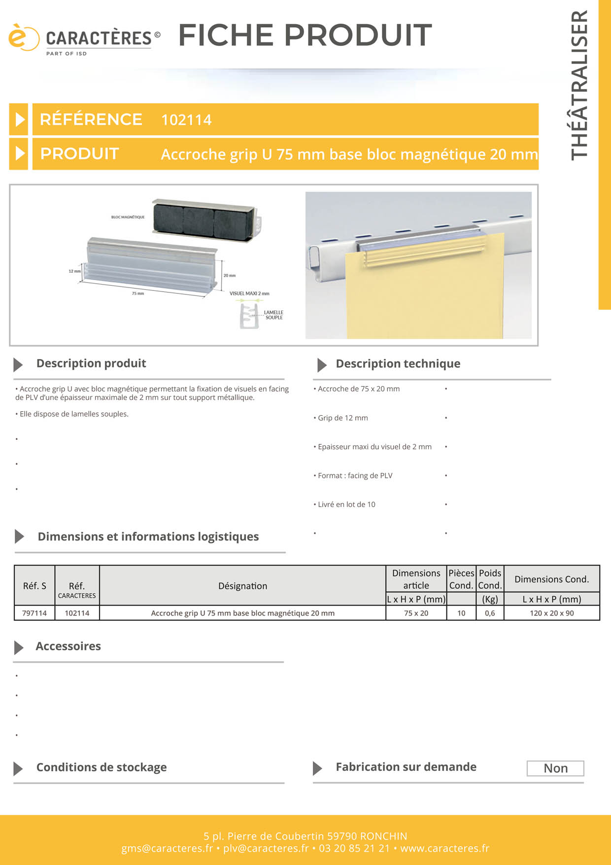 Accroche grip U facing avec bloc magnétique et base de 20 mm - Longueur 75 mm