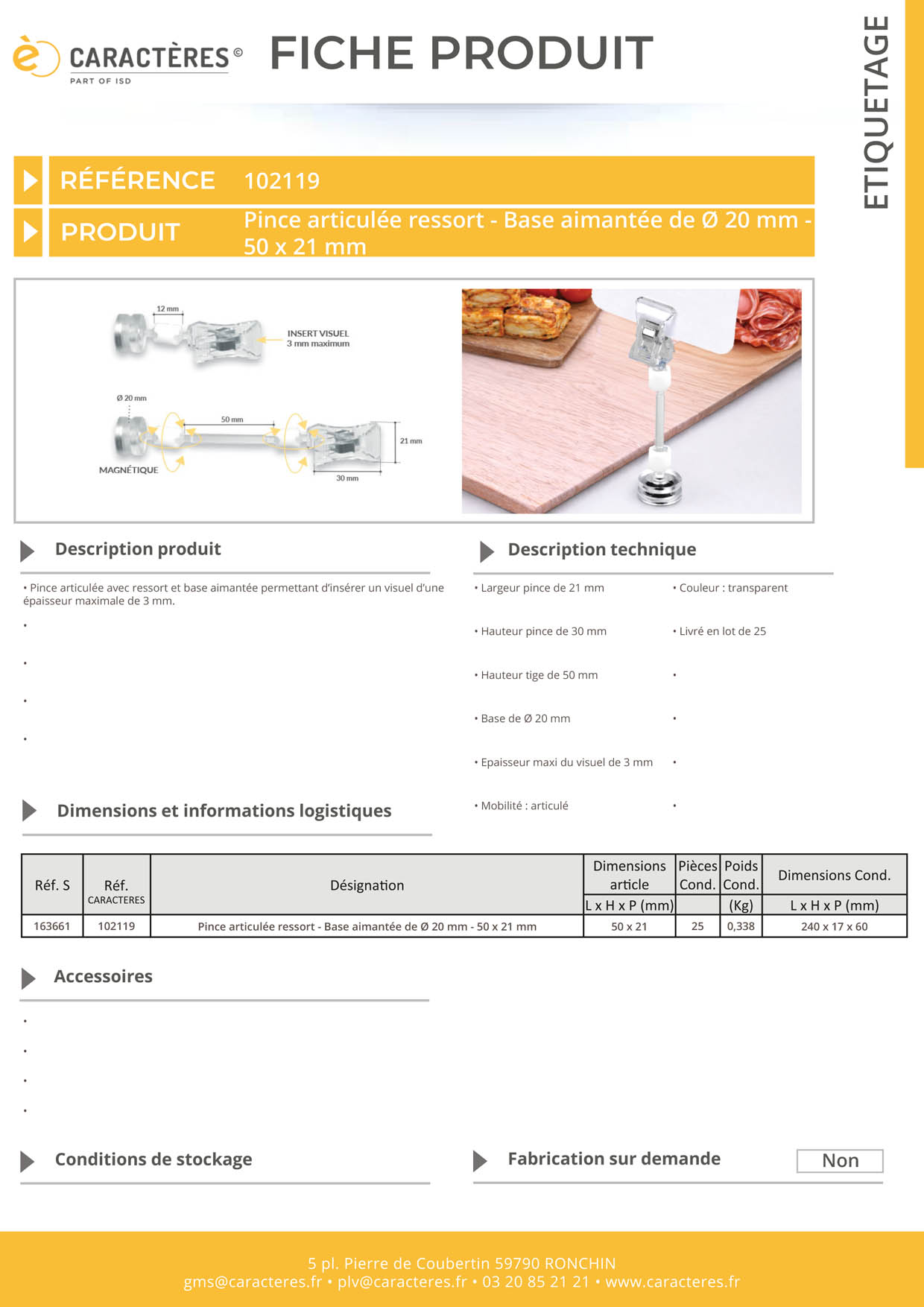 Pince articulée avec ressort et base aimantée de Ø 20 mm - Tige de 50 mm