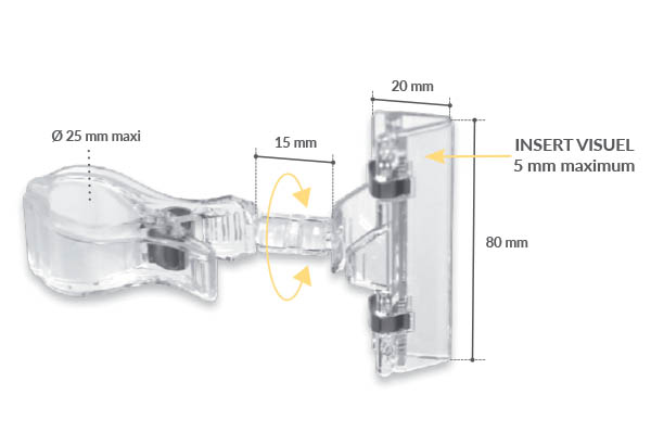 Pince orientable à 360° avec ressort métal et base tube - 80 x 15 mm
