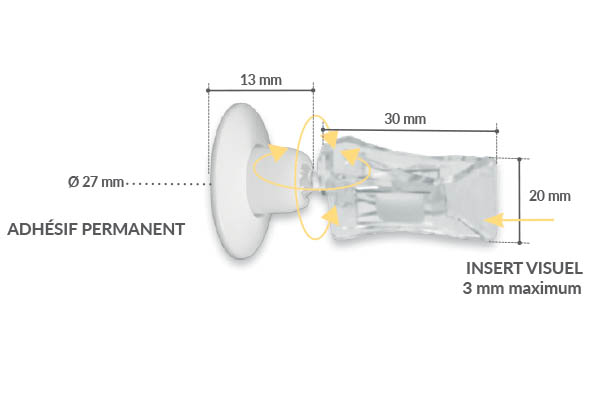 Pince articulée avec ressort plastique et base adhésive de Ø 27 mm - Longueur 20 mm