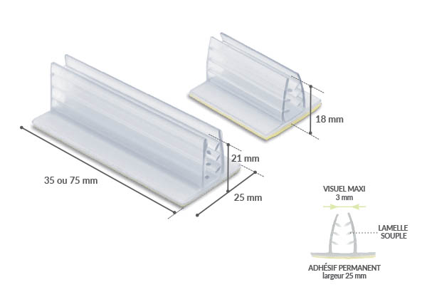 Grip en T adhésif permanent en 75 mm - Base de 25 mm