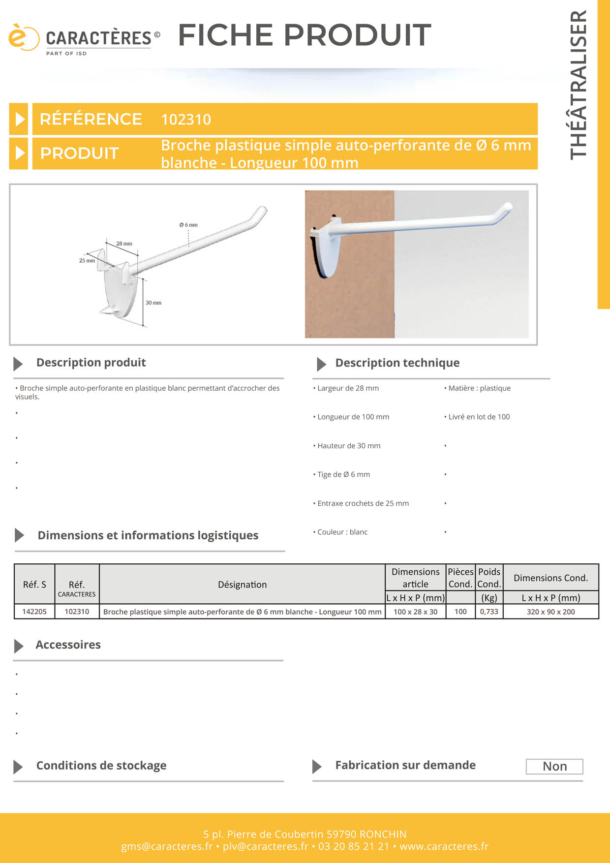 Broche plastique simple auto-perforante de Ø 6 mm blanche - Longueur 100 mm