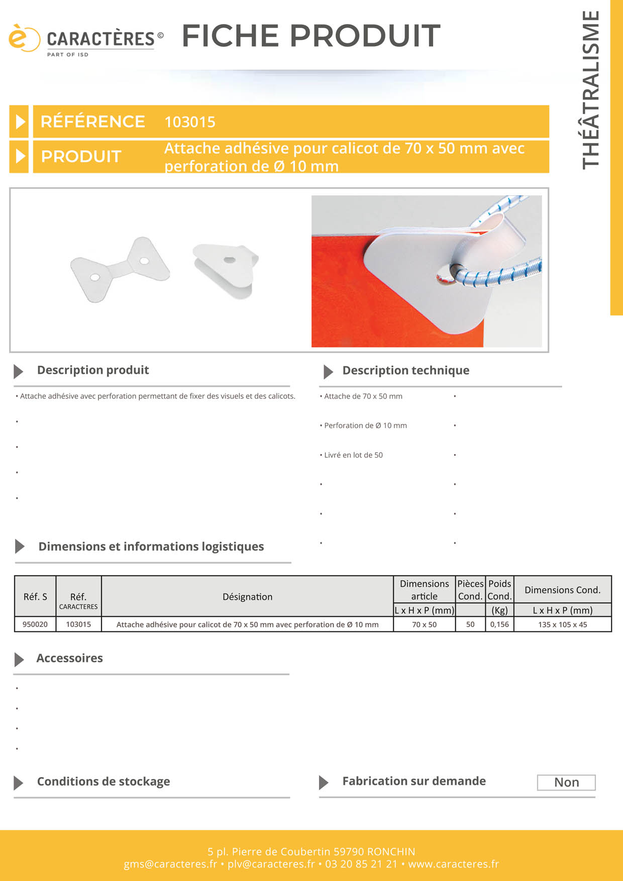 Attache adhésive pour calicot de 70 x 50 mm avec perforation de Ø 10 mm