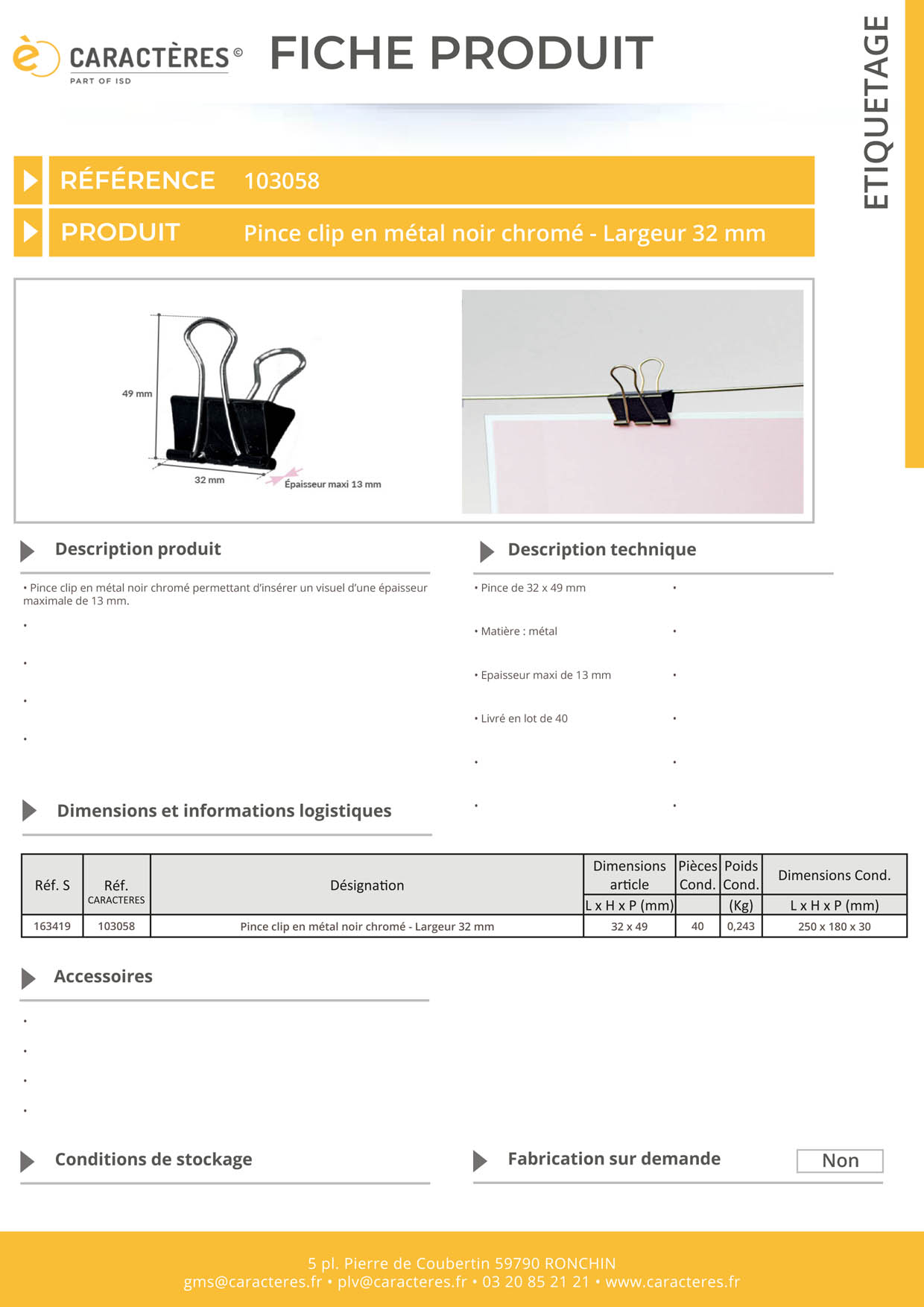 Pince clip en métal noir chromé - Largeur 32 mm