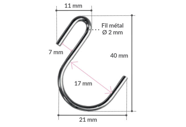 Crochet S asymétrique en métal - Fil de Ø 2 mm - Hauteur 40 mm