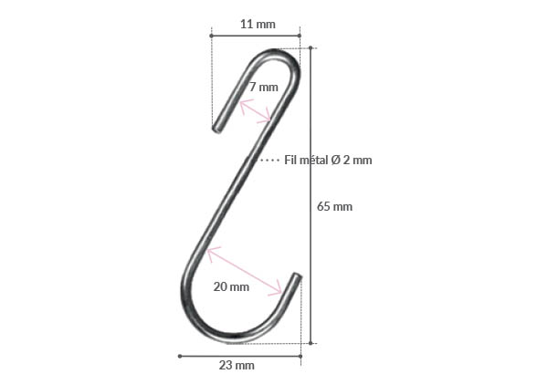 Crochet S asymétrique en métal - Fil de Ø 2 mm - Hauteur 65 mm