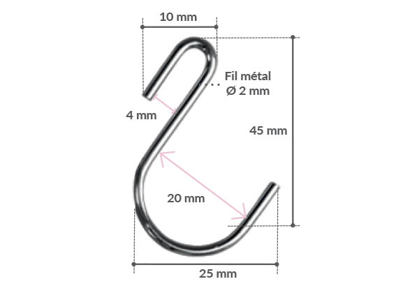 Crochet S asymétrique en métal - Fil de Ø 2 mm - Hauteur 45 mm