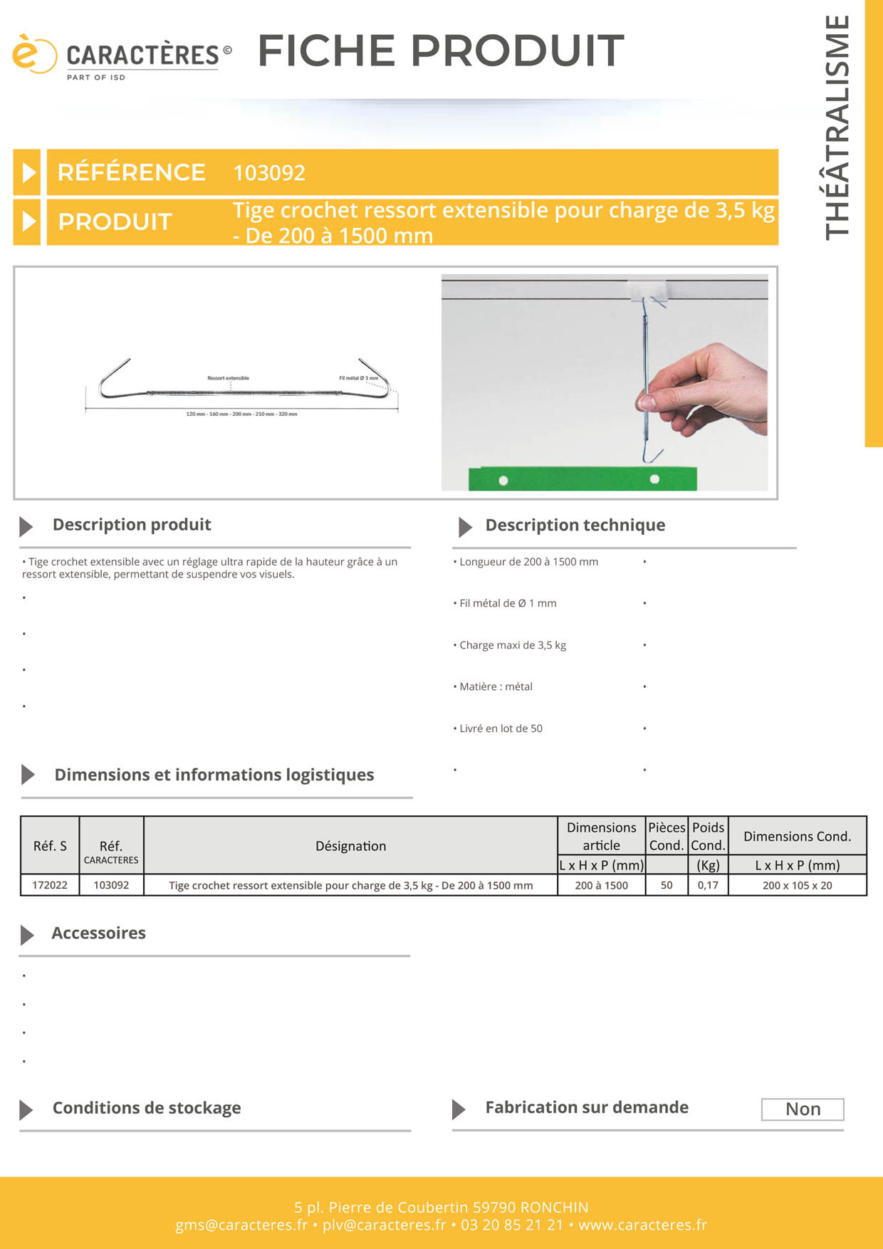 Tige crochet ressort extensible pour charge de 3,5 kg - De 200 à 1500 mm