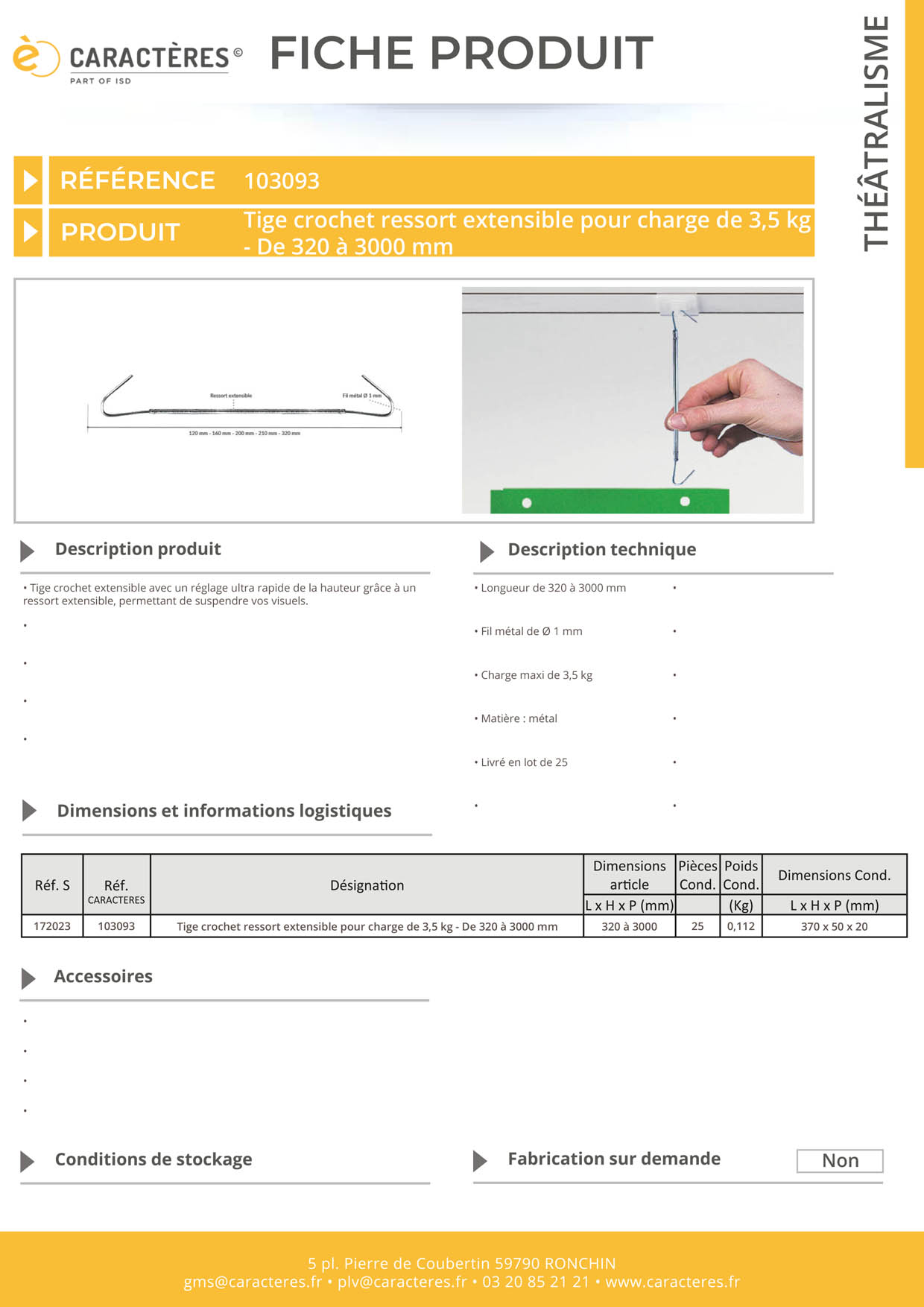 Tige crochet ressort extensible pour charge de 3,5 kg - De 320 à 3000 mm