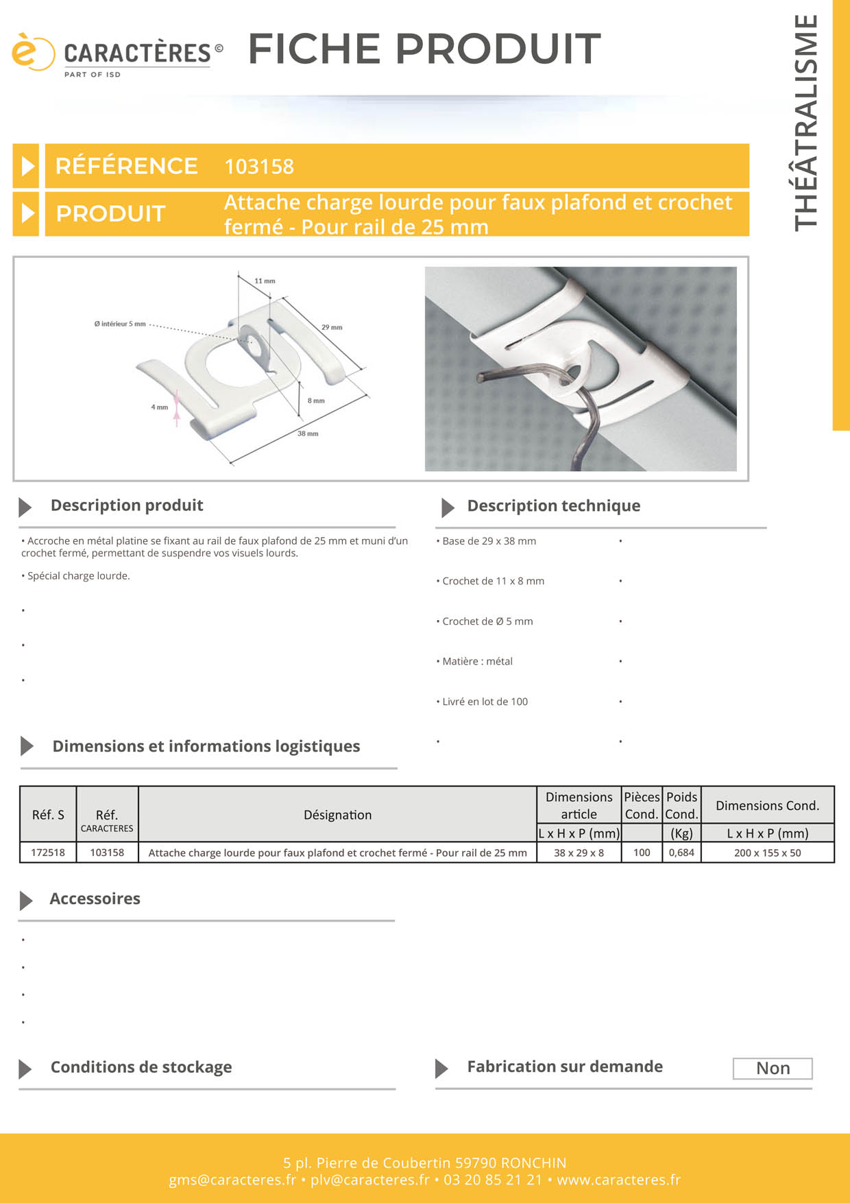 Attache charge lourde pour faux plafond et crochet fermé - Pour rail de 25 mm