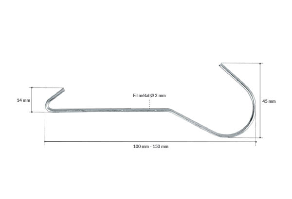 Tige crochet fixe métallique pour tube rond - Longueur 150 mm