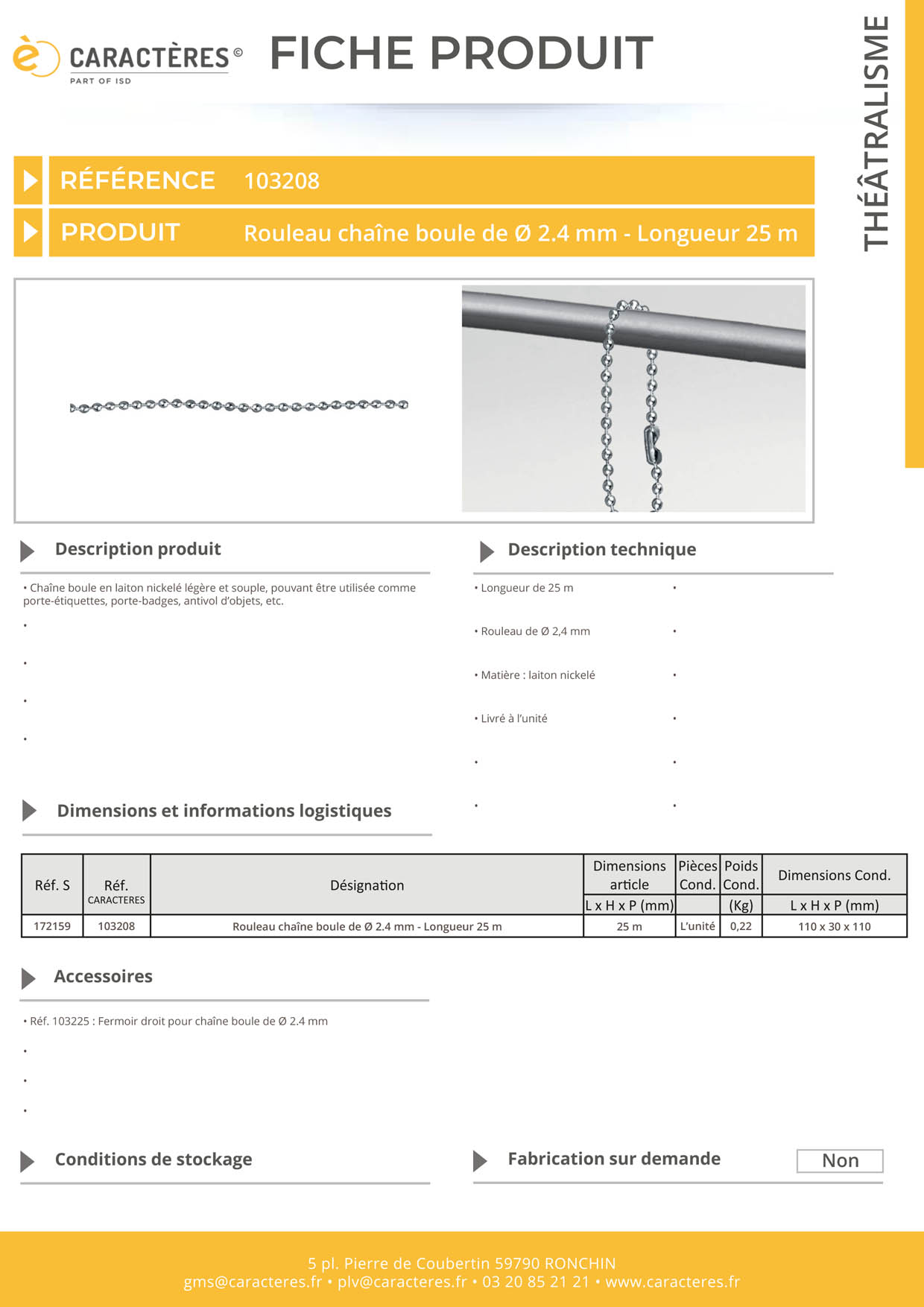 Rouleau chaîne boule de Ø 2.4 mm - Longueur 25 m